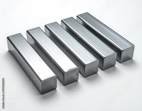 Five metallic, rectangular bars aligned on white surface