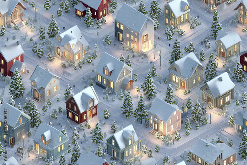 Seamless isometric winter town layout pattern with snowy road and houses covered in snow, illuminated warmly at dusk, surrounded by snow covered pine trees creating cozy festive atmosphere