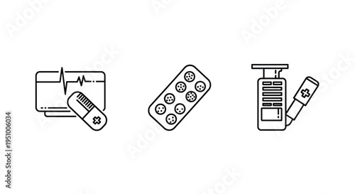 Medical icons including pills heart monitor and insulin pump silhouette