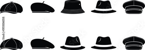 Classic Men Hat Silhouette Set, Vintage Headwear Collection Including Fedora, Beret, Flat Cap, and Bucket Hat, Stylish Fashion Accessory for Gentlemen