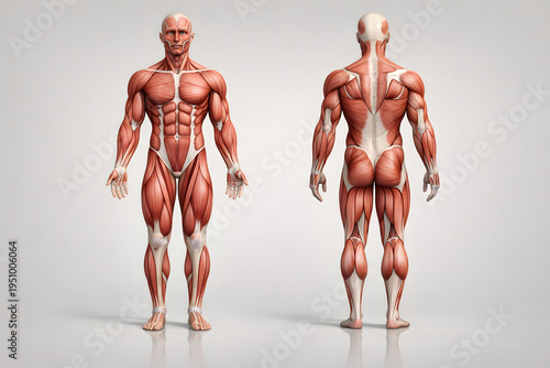 Detailed Human Muscle Anatomy Illustration Showing Full Body Front and Back View