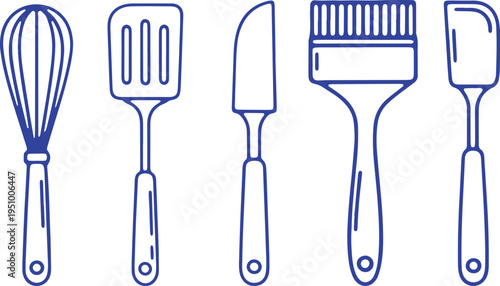 Illustrated set of five common kitchen and painting tools in blue outline design