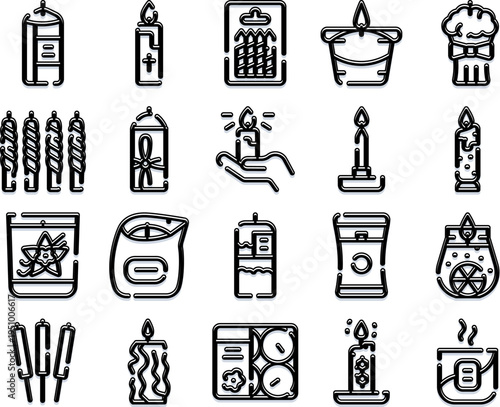 Variety of lit and unlit candles, different shapes, designs, and styles for home decoration, aromatherapy, celebration, and spiritual practices, presented as outline icons