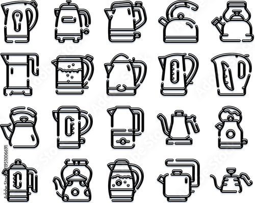 Kettle and teapot icons set featuring various electric kettles, stove top pots, and household items, representing tea time and hot beverage preparation
