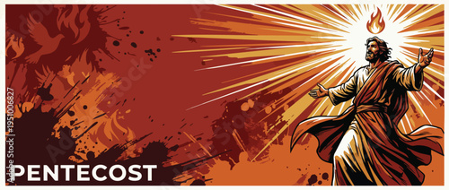 Pentecost Holy Spirit Dove Rays Divine Flame Jesus Christ Religious Illustration