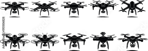 Professional Drone Silhouette Set with Remote Control Quadcopters for Aerial Photography, Unmanned Aerial Vehicle Technology for Surveillance and Video Delivery Service