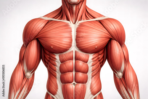 Detailed Human Upper Body Muscle Anatomy Illustration Showing Chest Shoulders Arms and Abdominal Muscles