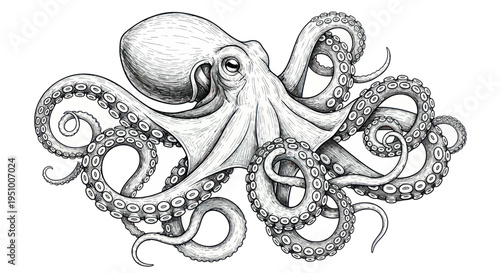 Detailed ink sketch of an octopus with swirling tentacles, white background