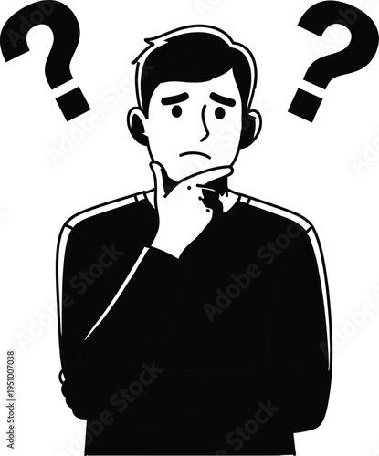 A man with a puzzled expression and question marks above his head