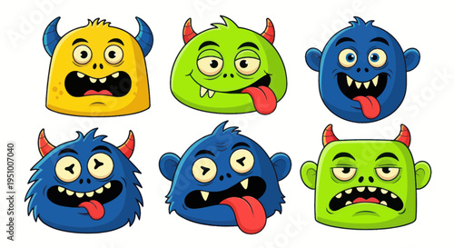Funny Cartoon Monsters Set: Yellow, Green, Blue with Horns and Tongues