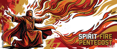 Pentecostal Celebration with Fiery Spirit Flames and a Man in Dynamic Pose