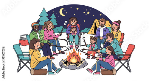 Diverse family and friends enjoy campfire marshmallows under starry night sky
