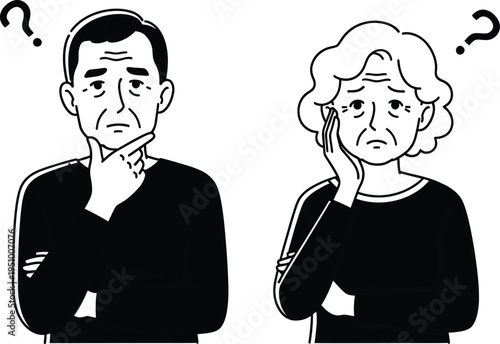 Confused man and woman with question marks