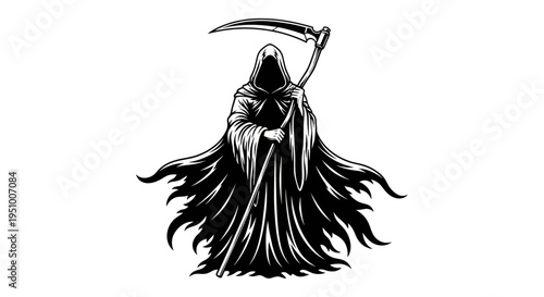 Grim Reaper with Scythe, Halloween, Death Symbol, Scary Figure, Black and White