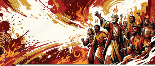 Pentecost Celebration with Disciples and Flames in a Dynamic Background