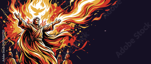 Pentecost Inspired Illustration of a Man with Arms Raised in Fiery Spiritual Praise