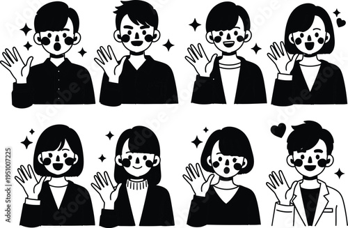 A group of eight cartoon people waving with sparkles and hearts