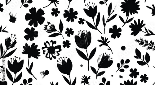 Black floral pattern on white background with various flowers and leaves
