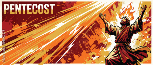 Pentecostal Celebration with Holy Spirit Rays and Dynamic Heroic Pose