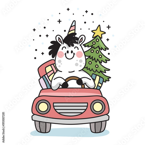 Happy cartoon unicorn driving a car colored vector illustration