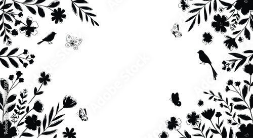 Black and white floral border with birds and insects illustration