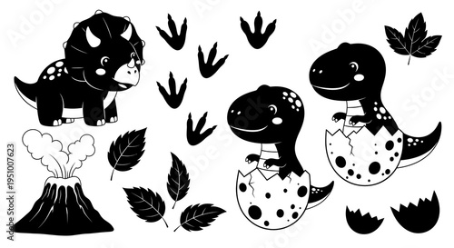 Cute Black and White Dinosaur Illustrations for Kids, Baby Dinosaurs in Eggs, Volcano