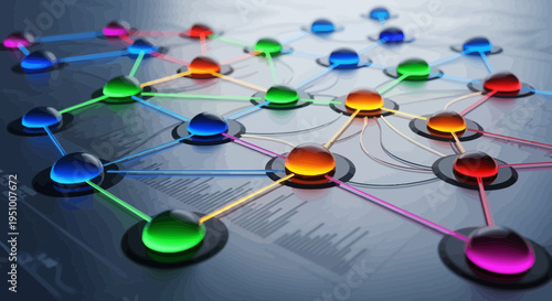 Abstract interconnected network with colorful spheres and connecting lines
