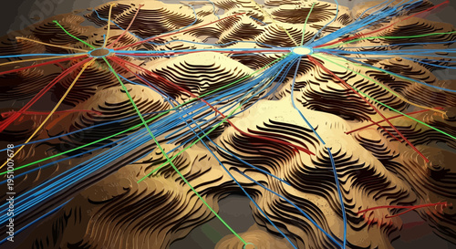 Abstract illustration of interconnected lines over a textured golden landscape