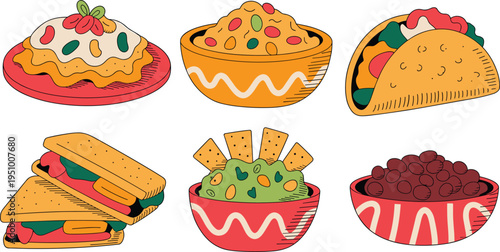Vector hand drawn Mexican food set with taco, burrito, guacamole, nachos and traditional snacks