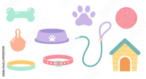 Cute Cartoon Pet Supplies Vector Icons Set