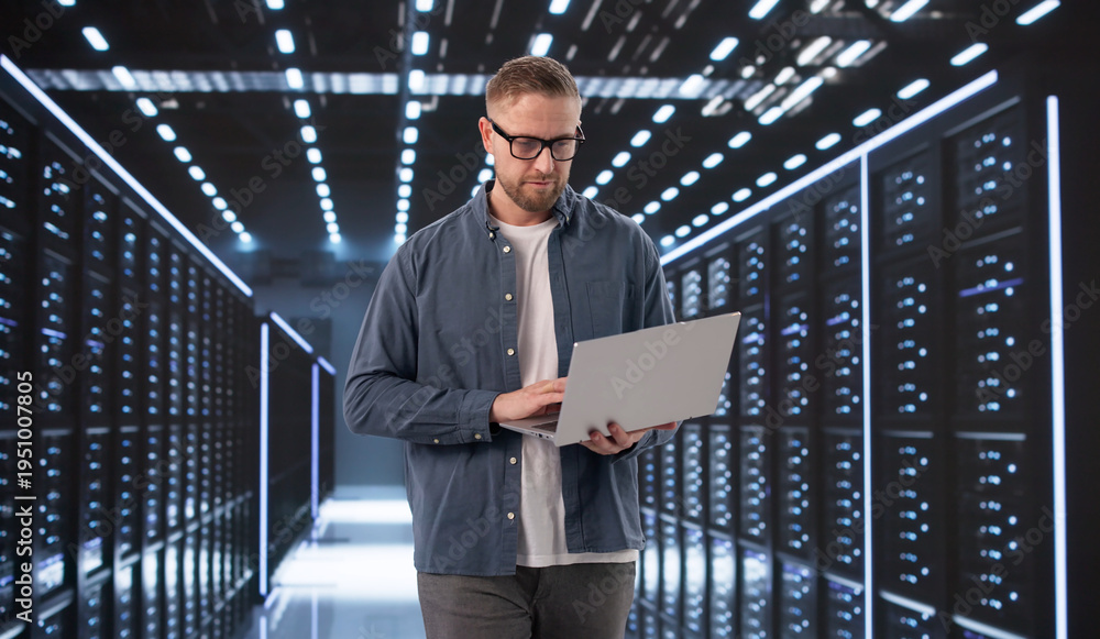 Fototapeta premium Data Center Technician Oversees AI Security Systems