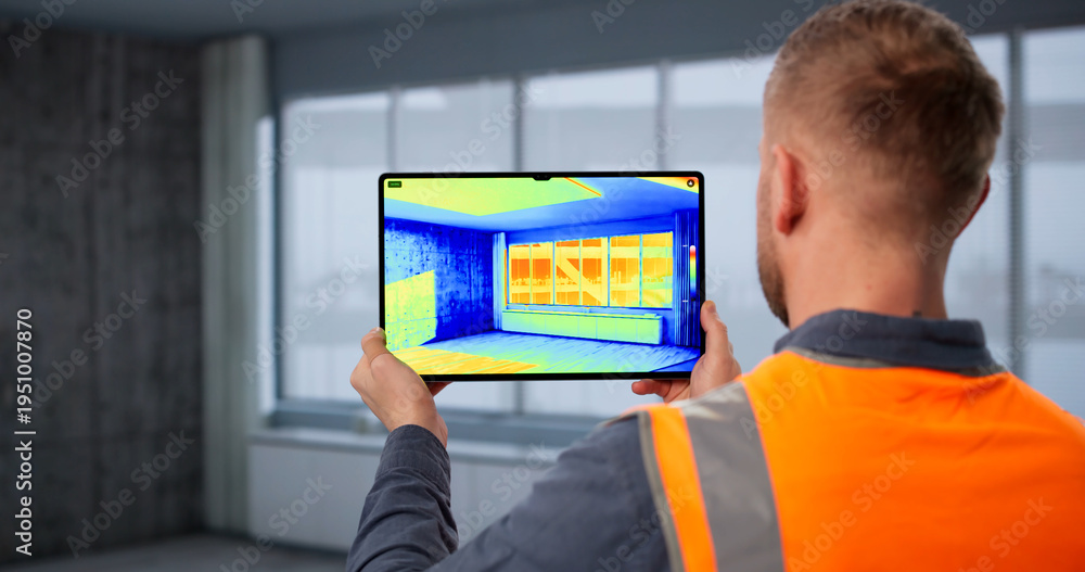 Naklejka premium Technician Inspecting Indoor Wall Insulation