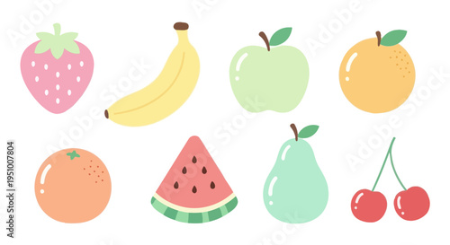 Cute Fruit Vector Illustration, Healthy Food Icons, Flat Design