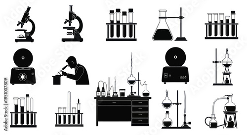 Black  White Lab Equipment Set - Microscope, Beaker, Test Tube, Centrifuge