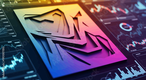 Abstract mountain graphic with data charts suggesting financial analysis