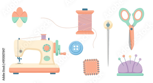 Flat Design Sewing Machine and Accessories Vector Illustration