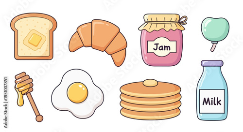 Cute Flat Breakfast Food Icons: Toast, Croissant, Jam, Egg, Pancakes, Milk