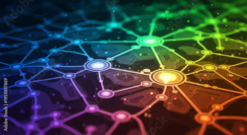 Abstract network of interconnected nodes with vibrant colors and light