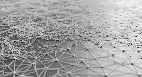 Abstract network of interconnected lines and nodes on grayscale background
