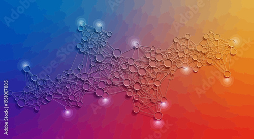 Abstract network of interconnected nodes against vibrant gradient background