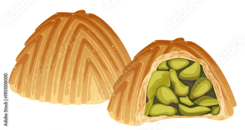 Traditional Pistachio Filled Maamoul Cookies for Eid Al-Fitr, Isolated Vector Illustration of Middle Eastern Semolina Pastry, Whole and Halved Bitten Cookie with Nut Filling