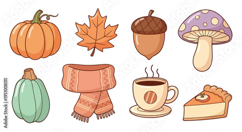 Cute Cartoon Autumn Elements: Pumpkin, Acorn, Mushroom, Pie, Coffee