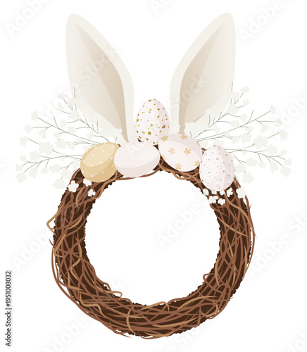 Minimalist Easter Wreath with Natural Twigs, Pastel Decorated Eggs, White Baby's Breath Flowers and Cute Bunny Ears, Isolated Vector Illustration for Spring Holiday Design.