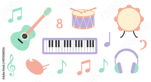 Flat Music Icons: Guitar, Piano, Drums, Tambourine, Headphones