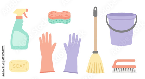 Flat illustration of cleaning supplies for home hygiene
