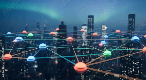 Connected digital network abstract visualization over a modern cityscape