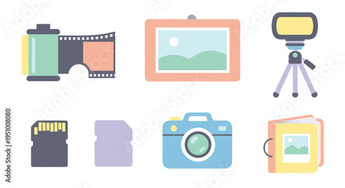 Flat Icon Set for Photography: Camera, Film, Tripod, SD Card, Album