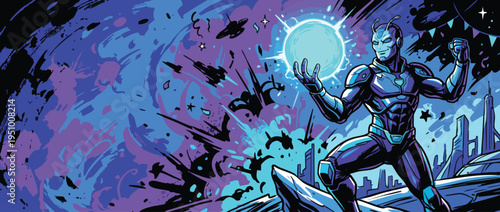 Alien Hero Orb Holder Posing in Galactic Celebration Art