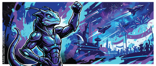 Alien Creature Celebrating in Space with Fireworks and Spaceships Flying by