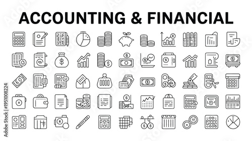 Comprehensive accounting and financial line icons collection with business tools and analytics symbols 